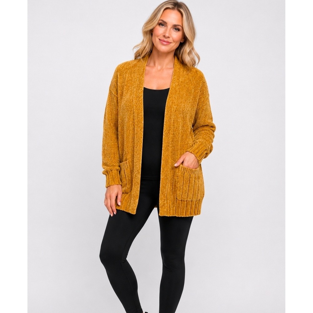 Seven7 Womens Large Mustard Yellow Chenille Open Front Cardigan Boho Cozy